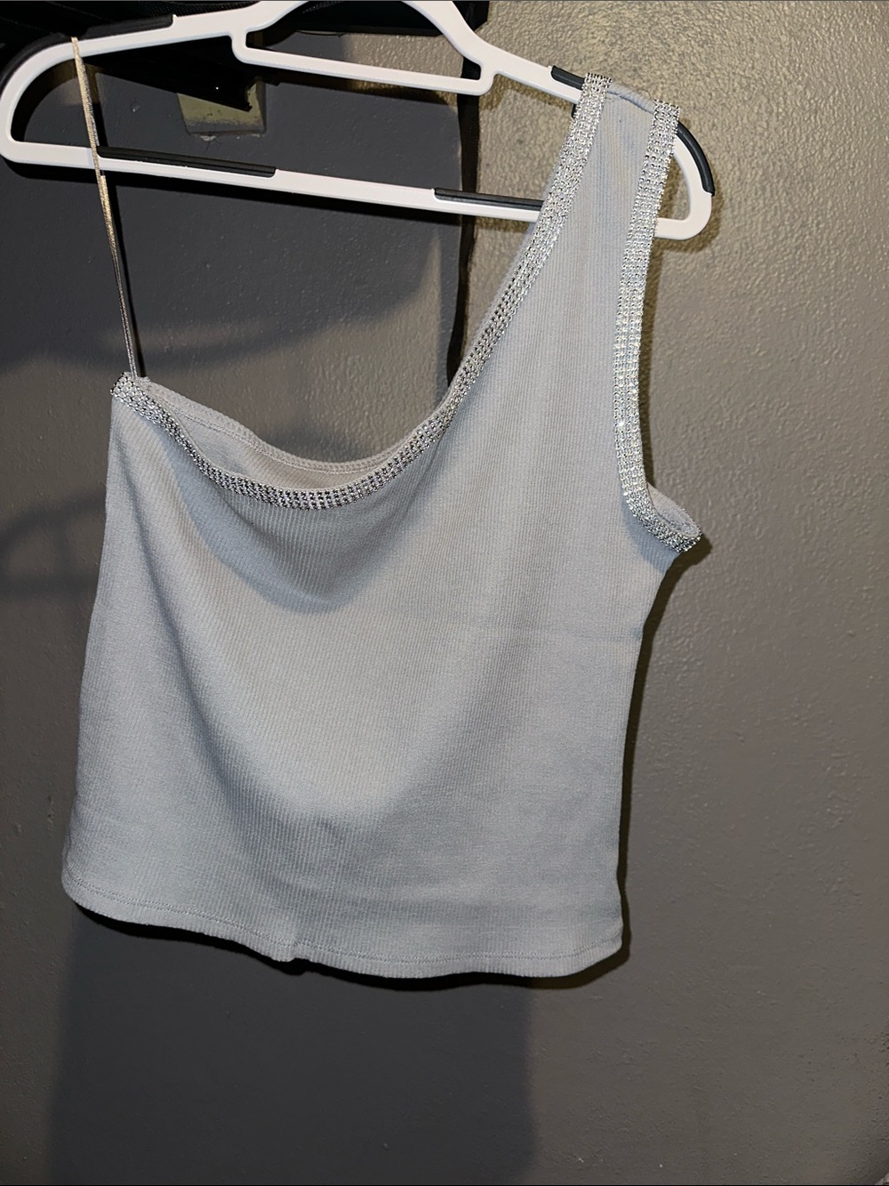 Zara Light Gray One-Shoulder Tank with Silver Trim